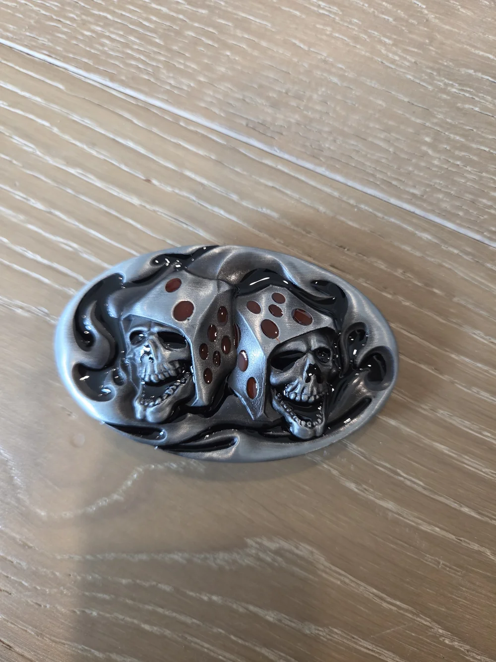 Skull Dice Oval Belt Buckle Black Silver Gothic Biker